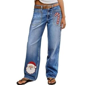 Flamingals Christmas Themed Embroidered Wide-leg Jeans size 3XL